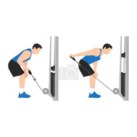 Illustration for Man doing Cable tricep kickbacks exercise. Flat vector illustration isolated on white background - Royalty Free Image