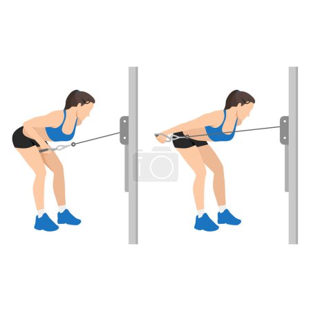 Illustration for Woman doing Cable triceps kickbacks exercise. Flat vector illustration isolated on white background - Royalty Free Image