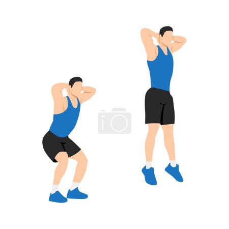 Man doing Jump squat exercise. Flat vector illustration isolated on white background