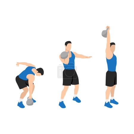 Illustration for Man doing Kettlebell single arm clean and press exercise. Flat vector illustration isolated on white background - Royalty Free Image