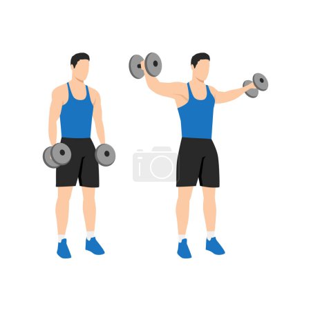 Illustration for Man doing Lateral side shoulder dumbbell raises. Power partials exercise. Flat vector illustration isolated on white background - Royalty Free Image