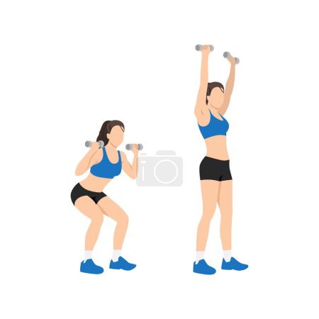 Illustration for Woman doing Dumbbell squat thrusters. Squat to overhead press exercise. Flat vector illustration isolated on white background - Royalty Free Image