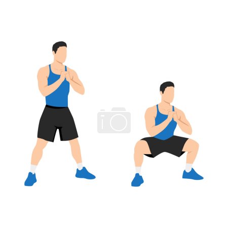 Ilustración de Hombre haciendo ejercicio de sentadillas de postura amplia sumo Bodyweight. Ilustración vectorial plana aislada sobre fondo blanco - Imagen libre de derechos