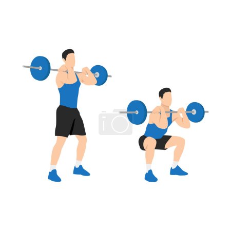Illustration for Man doing Front barbell squat exercise. Flat vector illustration isolated on white background - Royalty Free Image