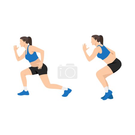 Téléchargez les illustrations : Femme faisant de l'exercice de saut Sprinter. Illustration vectorielle plate isolée sur fond blanc - en licence libre de droit