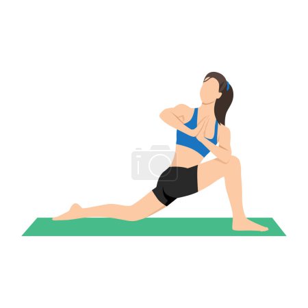 Illustration for Woman doing Parivrtta Anjaneyasana. Revolved lunge pose. High lunge twist exercise. Flat vector illustration isolated on white background - Royalty Free Image