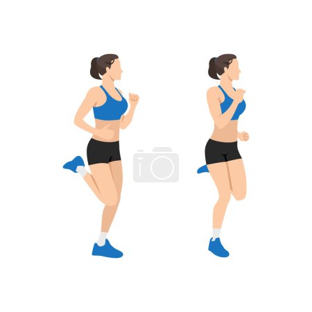Illustration for Woman doing Butt kicks exercise. Flat vector illustration isolated on white background - Royalty Free Image