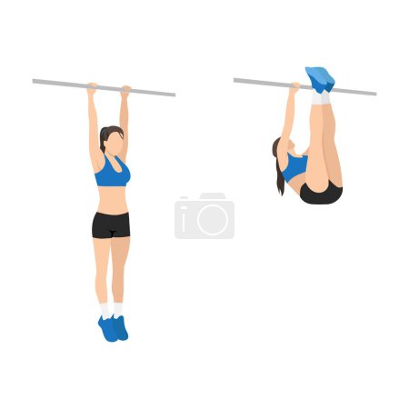 Woman doing Hanging leg raises to bar exercise. Flat vector illustration isolated on white background
