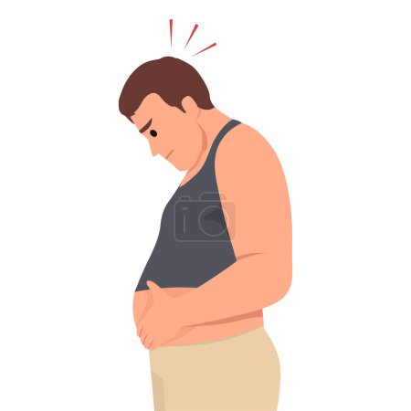 Illustration for Young man worried about belly fat. Flat vector illustration isolated on white background - Royalty Free Image