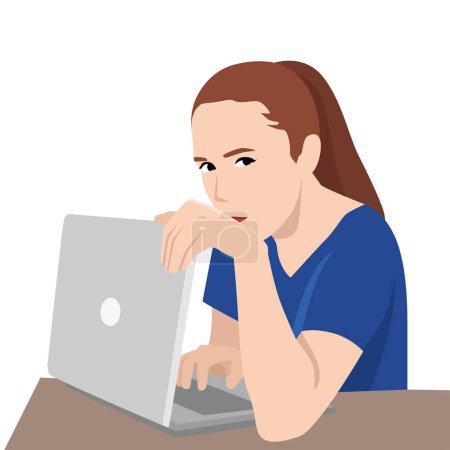 Illustration for Woman is worried about privacy of data on internet and hides laptop screen while entering password. Taking care of security using internet and maintaining confidentiality to avoid information leakage. Flat vector illustration isolated on white backgr - Royalty Free Image