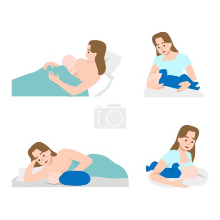 Illustration for Breastfeeding, happy motherhood and childhood concept. Happy loving young woman mother feeding her baby with breast milk. Flat vector illustration isolated on white background - Royalty Free Image