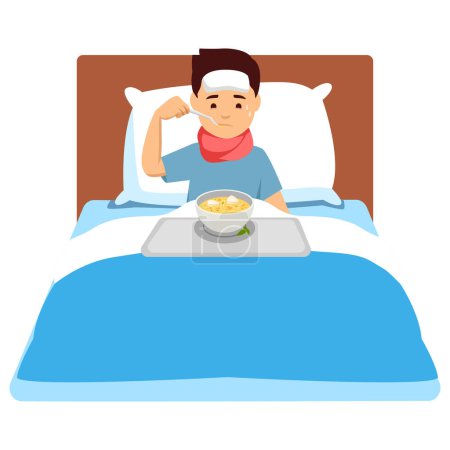 Illustration for Illustration of a Sick Kid Boy Eating a Bowl of Food in Bed. Flat vector illustration isolated on white background - Royalty Free Image