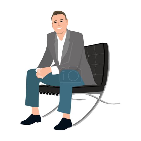 Homme d'affaires assis calmement sur une chaise roulettes jambes croisées et les mains derrière la tête. Patron d'entreprise homme reposant dans une pose calme. Illustration vectorielle plate isolée sur fond blanc