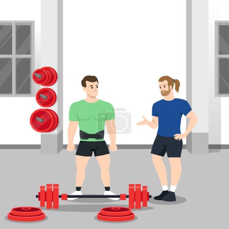 Illustration for Coach training male client making squat with barbell vector flat illustration. Athletic personal trainer and man performing physical exercise at gym. Flat vector illustration isolated on white background - Royalty Free Image