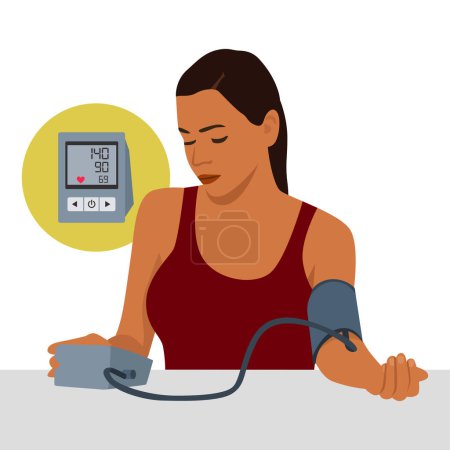 Illustration for A woman measures blood pressure. Caption: Blood pressure control. Flat vector illustration isolated on white background - Royalty Free Image