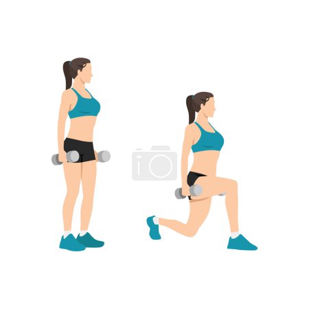 Illustration for Woman doing dumbbell lunges exericise flat vector illustration isolated on white background - Royalty Free Image