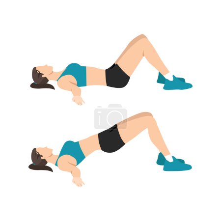 Illustration for Woman doing hip raises. Butt lift. Bridges exercise flat vector illustration isolated on white background - Royalty Free Image