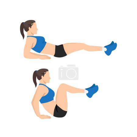 Ilustración de La mujer con la pierna estirada. Rodilla ups ejercicio plano vector ilustración aislado sobre fondo blanco - Imagen libre de derechos