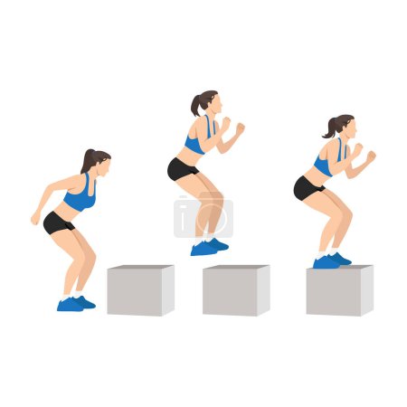 Téléchargez les illustrations : Femme faisant un exercice de saut en boîte haute. Illustration vectorielle plate isolée sur fond blanc - en licence libre de droit