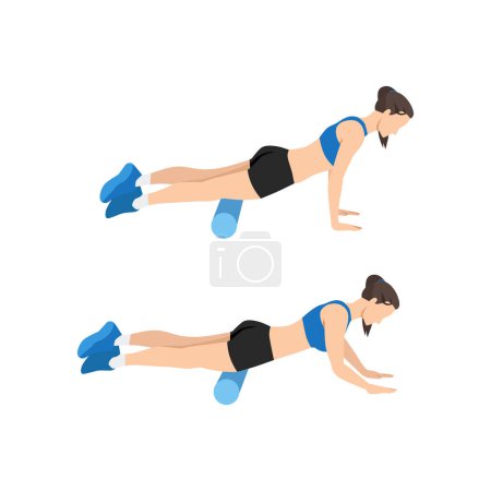 Illustration for Woman doing Foam roller quadriceps stretch exercise. Flat vector illustration isolated on white background - Royalty Free Image