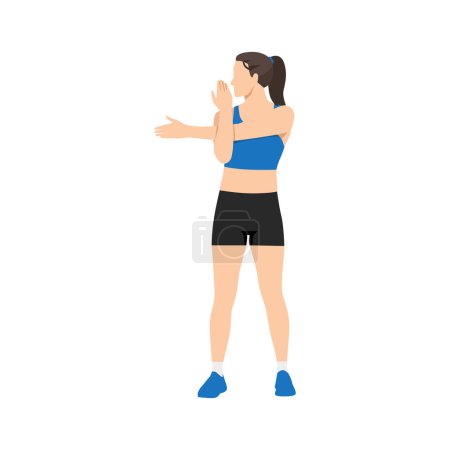 Mujer haciendo ejercicio de estiramiento del hombro. Ilustración vectorial plana aislada sobre fondo blanco