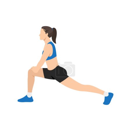 Illustration for Woman doing Runner lunge stretch exercise. Flat vector illustration isolated on white background - Royalty Free Image