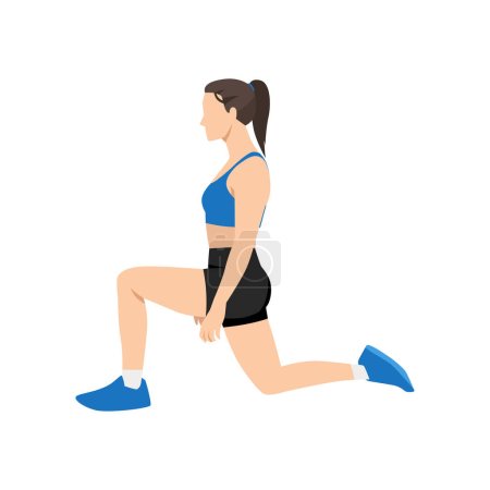 Mujer haciendo medio ejercicio de estiramiento flexor de cadera de rodillas. Ilustración vectorial plana aislada sobre fondo blanco
