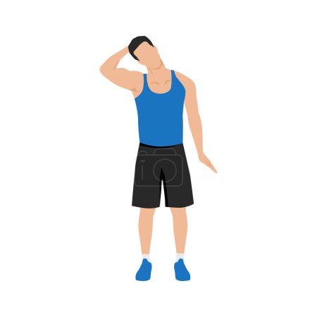 Téléchargez les illustrations : Homme faisant de l'exercice d'étirement du cou. Illustration vectorielle plate isolée sur fond blanc - en licence libre de droit