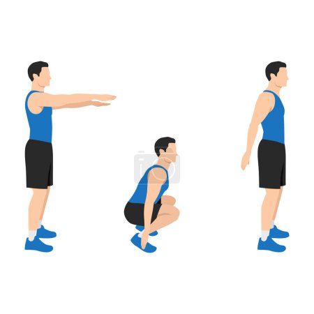 Illustration for Man doing Hindu squats exercise. Flat vector illustration isolated on white background - Royalty Free Image