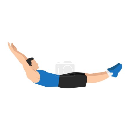Illustration for Man doing Hollow body rock hold exercise. Flat vector illustration isolated on white background - Royalty Free Image