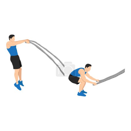 Illustration for Man doing battle rope double arm slams exercise flat vector illustration isolated on white background - Royalty Free Image