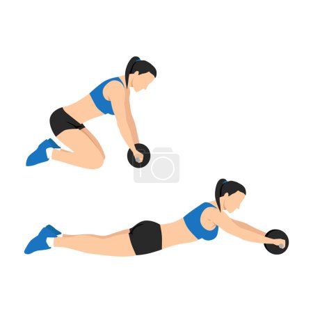 Woman doing abdominal roller exercise side view. vector illustration isolated on background