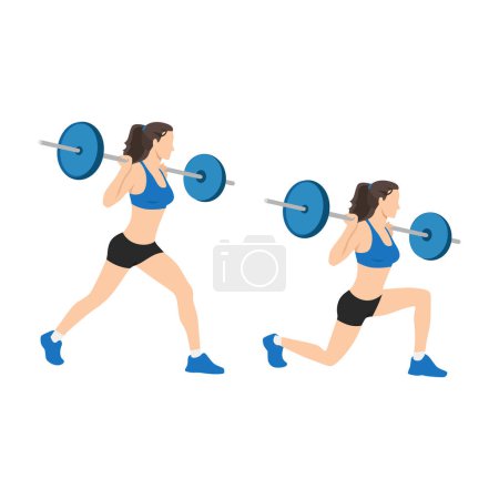 Illustration for Woman doing Barbell lunges exercise. or split squat. Flat vector illustration isolated on white background - Royalty Free Image