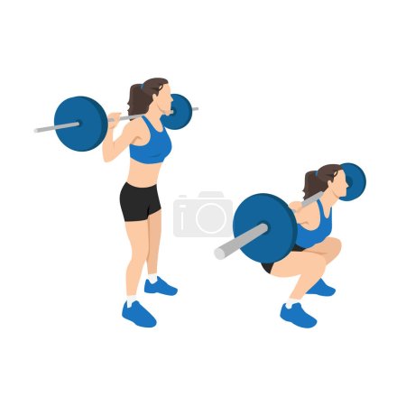 Woman doing barbell squat flat vector illustration isolated on white background