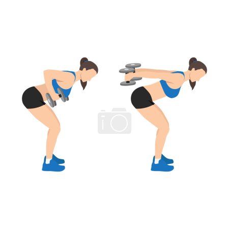 Illustration for Woman doing bent over double arm tricep kickbacks exercise flat vector illustration isolated on white background - Royalty Free Image