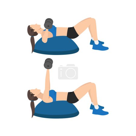Woman doing Bosu ball chest dumbbell press exercise flat vector illustration isolated on white background
