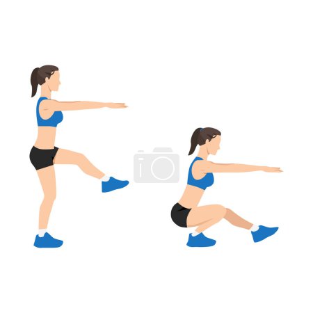 Woman doing single leg squats. Pistol squats flat vector illustration isolated on white background