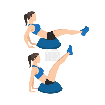 Illustration for Woman doing v-ups exercise using Bosu ball flat vector illustration isolated on white background - Royalty Free Image