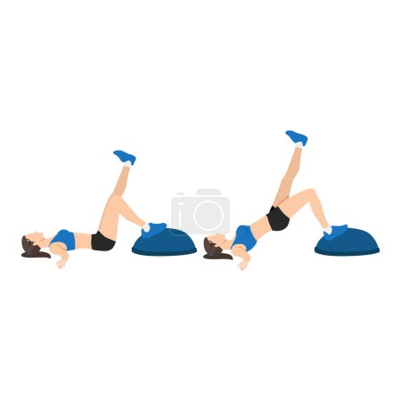 Illustration for Woman doing single leg bridge exercise with Bosu ball. Thrusts. extensions raises flat vector illustration isolated on white background - Royalty Free Image