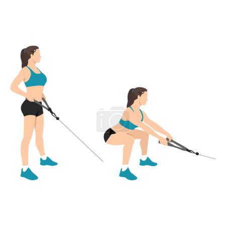 Woman doing cable squat rows exercise flat vector illustration isolated on white backgound. Row squats