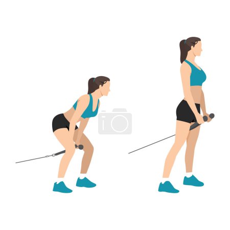 Mujer haciendo cable tira a través de ejercicio ilustración vectorial plana aislado sobre fondo blanco