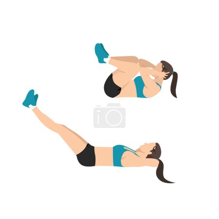 Illustration for Young woman doing exercise - frogs legs lying on back extending legs out with heels together and bringing knees in outwards - Royalty Free Image