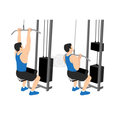 Illustration for Man doing Close grip lat pulldowns flat vector illustration isolated on white background - Royalty Free Image
