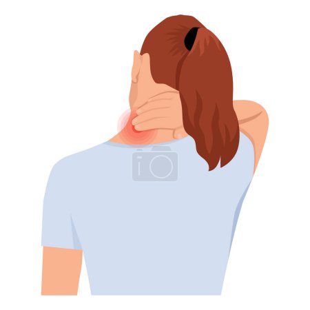 Pain in the neck.The woman holding hand on neck in pain. Cartoon vector illustration.