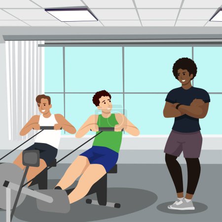 Illustration for Professional fitness coach with training plan and men doing fitness exercises on a gym, people exercising under control of personal trainer vector Illustration - Royalty Free Image
