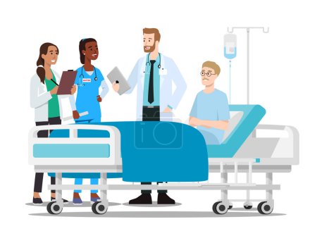 Téléchargez les illustrations : Docteur discutant avec le patient et les infirmières illustration vectorielle plate isolé sur fond blanc - en licence libre de droit