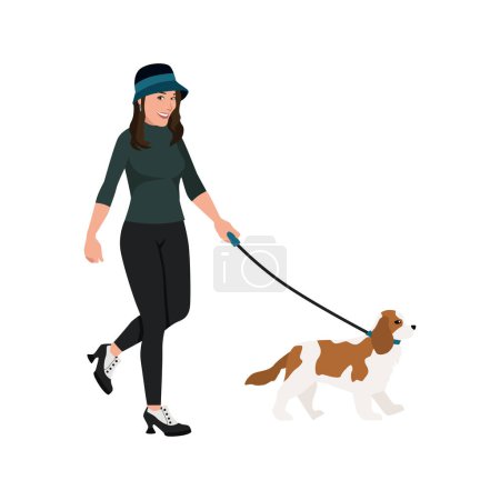 Téléchargez les illustrations : Femme marchant avec son chien illustration vectorielle plate isolé sur fond blanc - en licence libre de droit