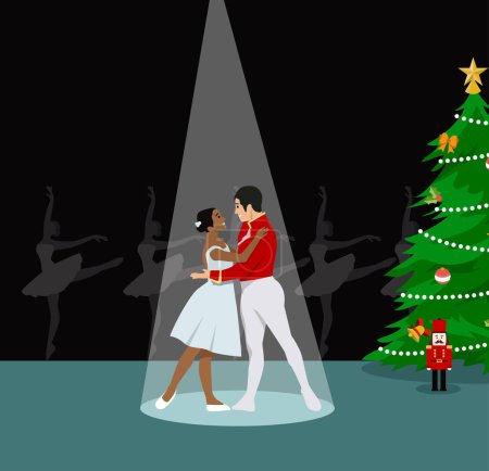 Nussknacker Weihnachtsshow flache Vektor-Illustration isoliert auf dem Hintergrund mit Weihnachtsbaum