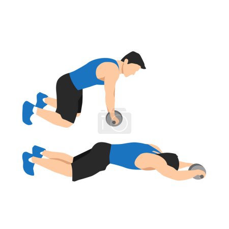 Illustration for Man doing abdominal roller exercise side view. Flat vector illustration isolated on white background - Royalty Free Image