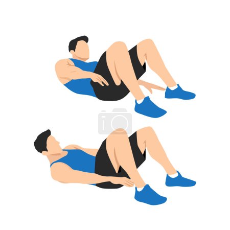 Hombre haciendo tacos alternativos. Alcance oblicuo acostado, ejercicios abdominales. Ilustración vectorial plana aislada sobre fondo blanco
